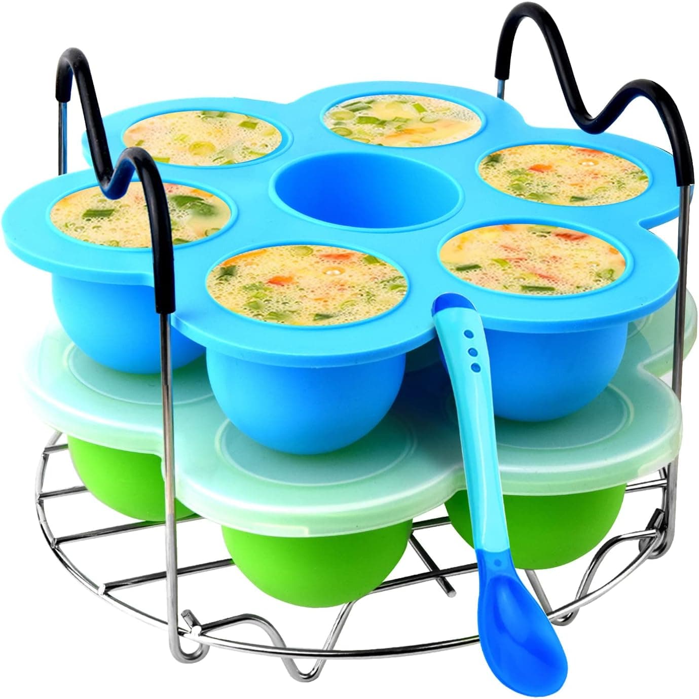 Silicone Egg Bites Mold Set of 4, Steamer Rack with Handle and Spoon